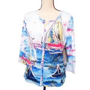 NEW Palm Harbour Sailboats Nautical V-Neck Snap Front Cotton Top Size S NWT $42